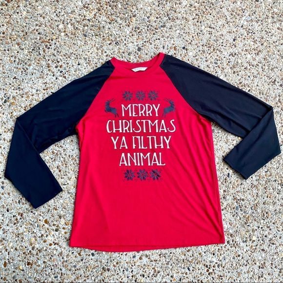 Men’s Merry Christmas Ya Filthy Animal Home Alone Red Black Raglan Shirt Size L - Picture 1 of 9